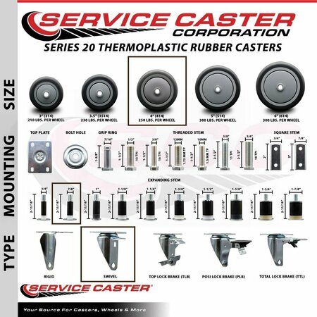Service Caster 4'' Thermoplastic Rubber Wheel Swivel 7/8'' Expanding Stem Caster Set, 4PK SCC-EX20S414-TPRB-78-4